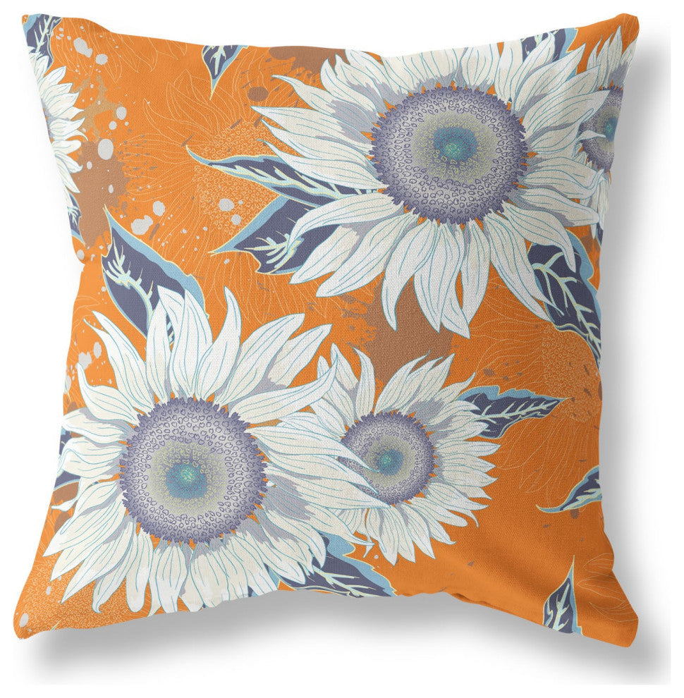 26" Orange White Sunflower Indoor Outdoor Zippered Throw Pillow