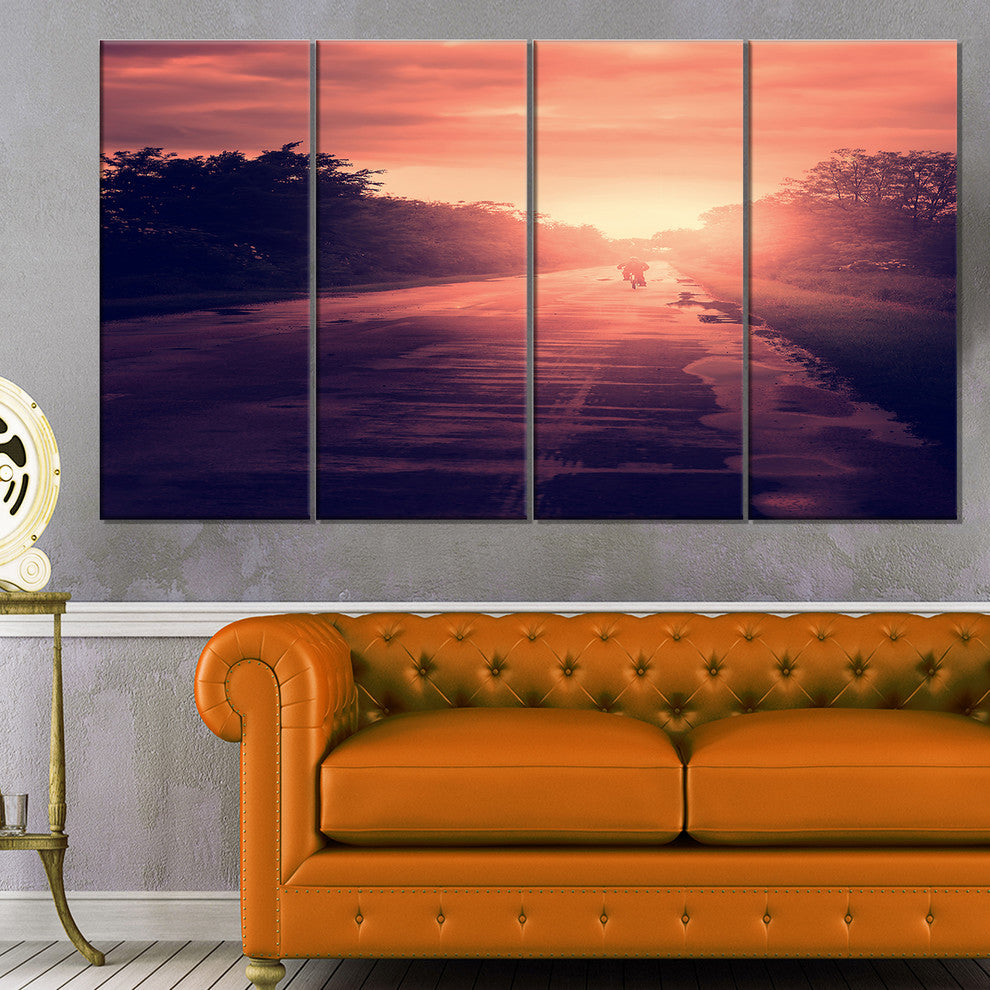 Vintage Biker at Sunset, Modern Landscape Wall Art Canvas, 48"x28", 4 Panels