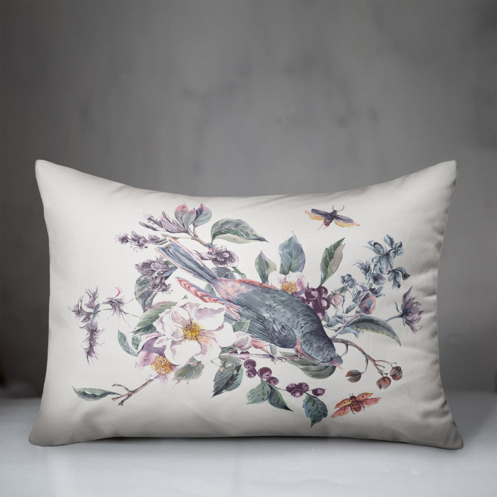 Watercolor Bird, Branches Purple 3 14x20 Spun Poly Pillow
