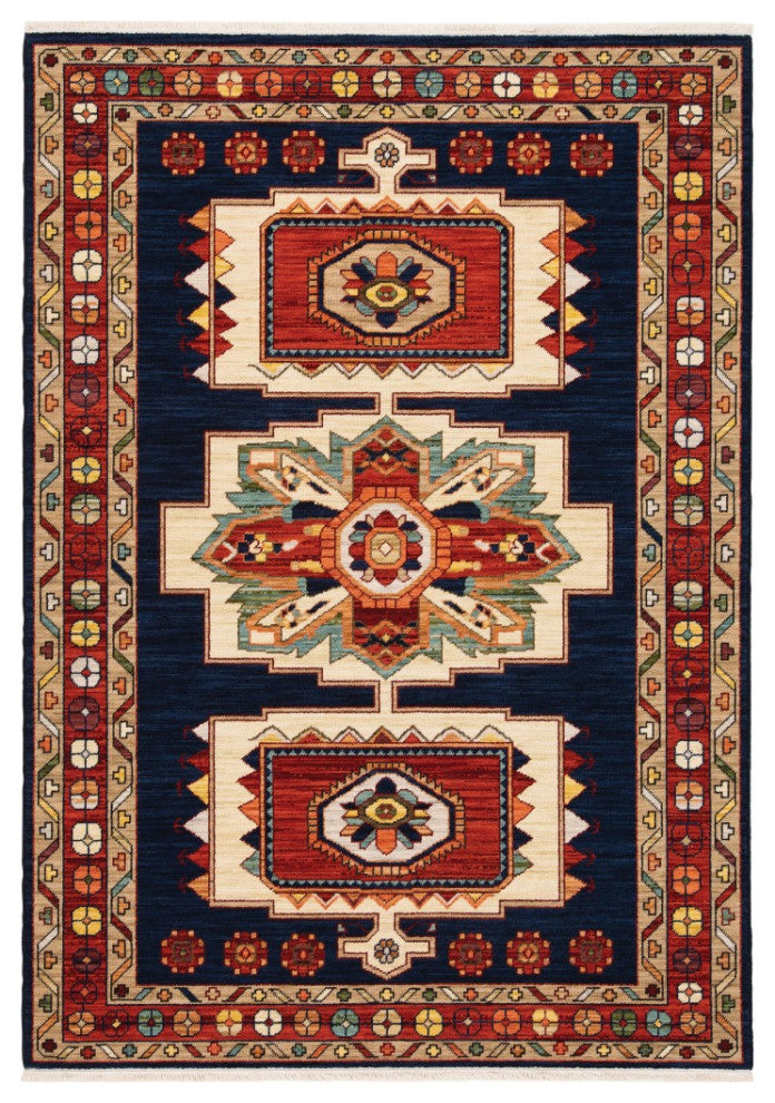 5' X 8' Blue Red Machine Woven Medallions Indoor Area Rug