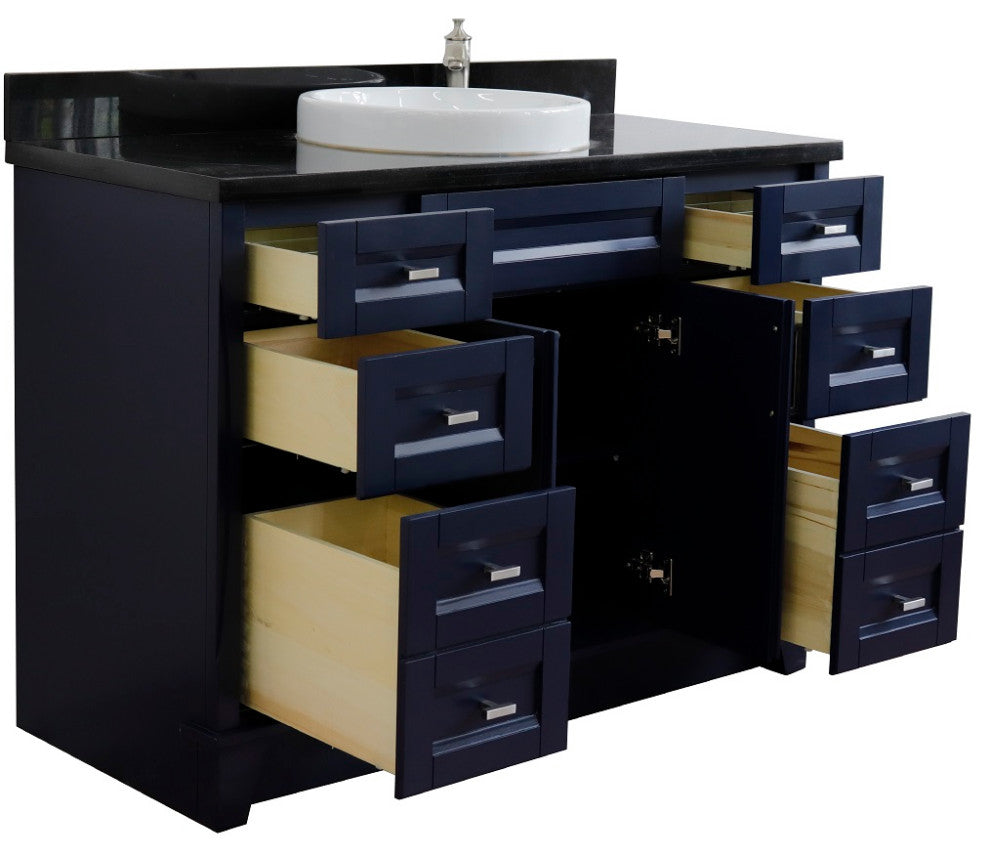 49" Single Sink Vanity, Blue Finish With Black Galaxy Granite And Round Sink