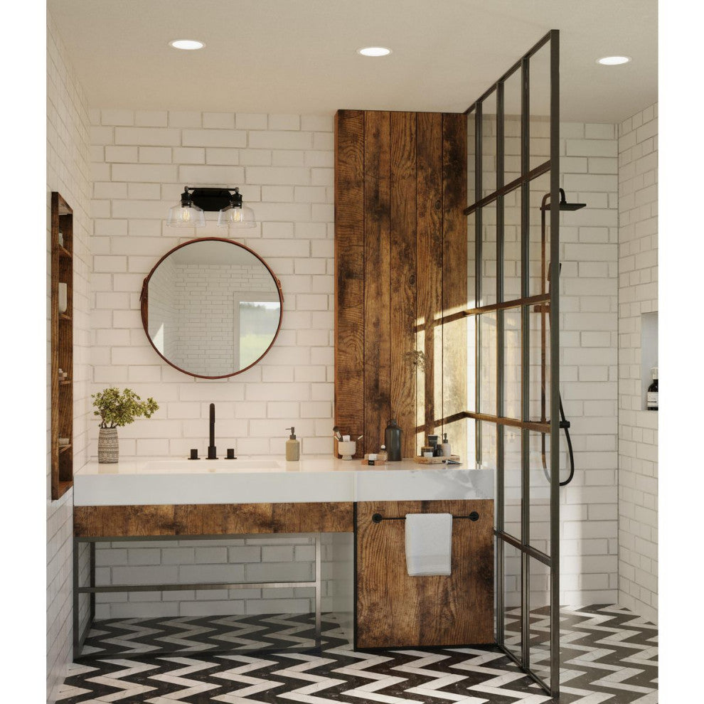 Singleton 2-Light 17" Matte Black Farmhouse Vanity Light With Clear Glass Shades