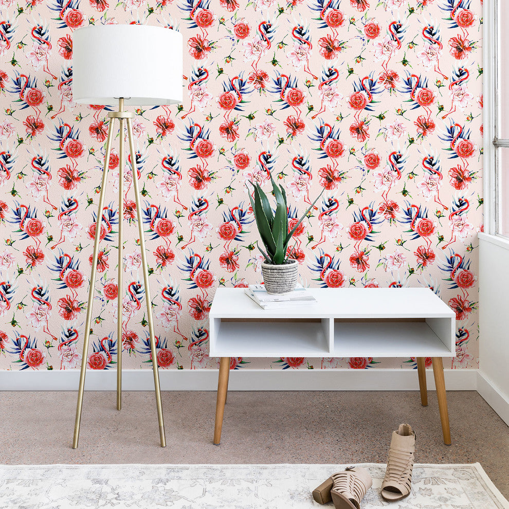 Deny Designs Marta Barragan Camarasa Flowery Flamingo Wallpaper, Pink, 2'x4'