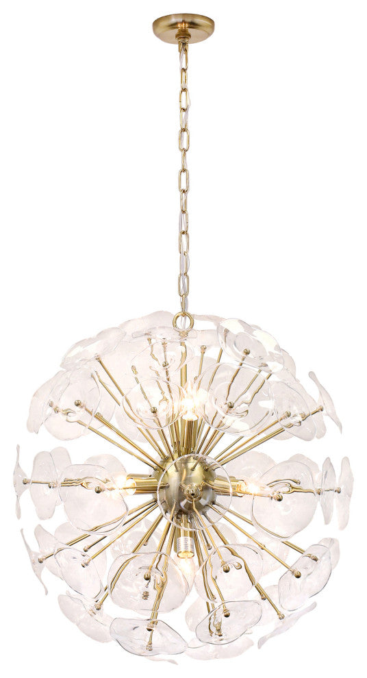 Portia Sputnik Satin Brass Orb Chandelier With Clear Glass Tiles, 24" Round