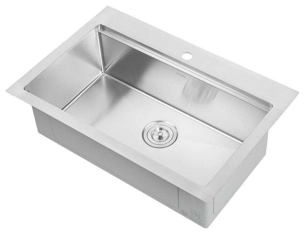 Ancona Dual Mount 30" Single Bowl Kitchen Sink, Stainless Steel w/ Accessories