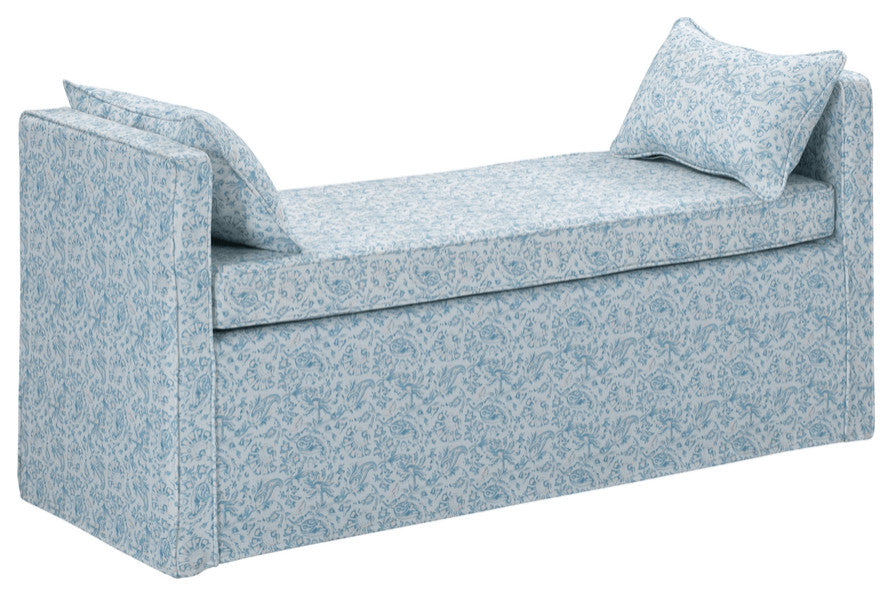 53" Blue And Black Upholstered Linen Floral Bench