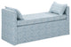 53" Blue And Black Upholstered Linen Floral Bench
