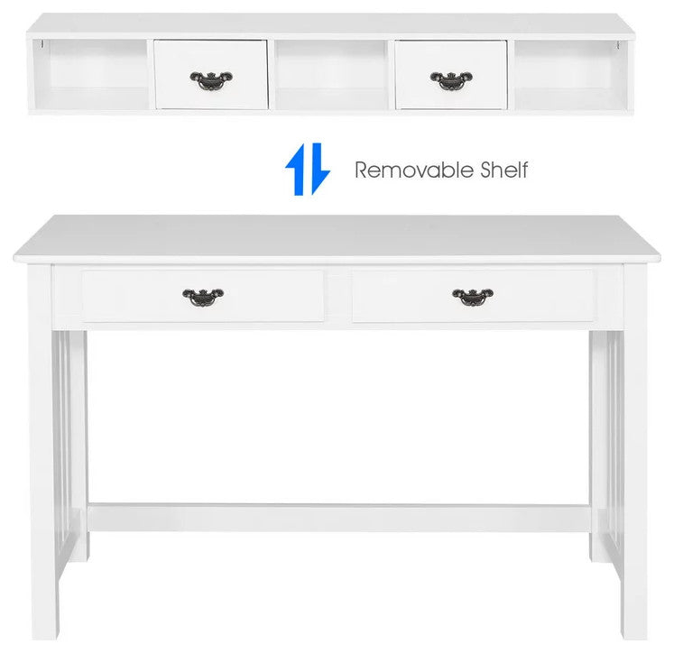Traditional Desk, Pinewood Legs With Removable Shelf & Metal Handles, White