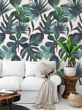 Tropical Leaves Deep Sea Blush Wallpaper, Sample 12"x8"