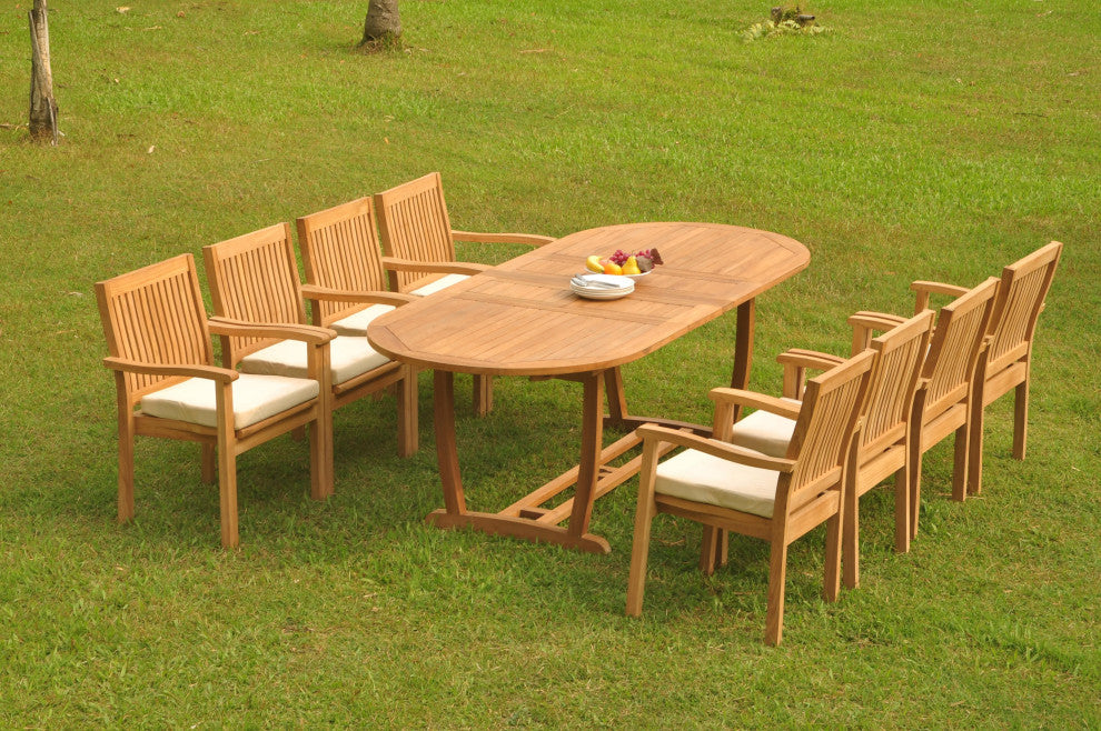9-Piece Outdoor Teak Dining Set: 94" Masc Oval Table, 8 Leve Stacking Arm Chairs