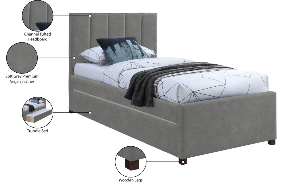 Hudson Beige Faux Leather Twin Trundle Bed, Gray