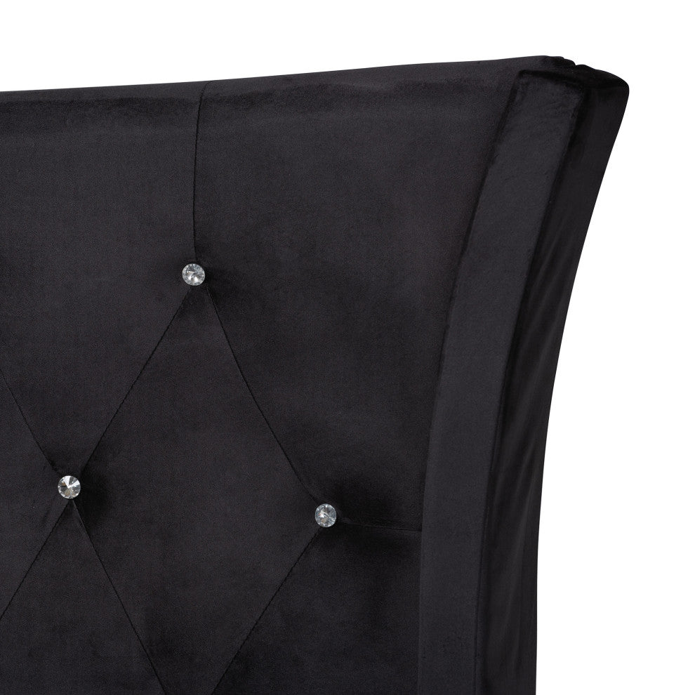 Fae Velvet Queen Size Panel Bed, Black/Gold