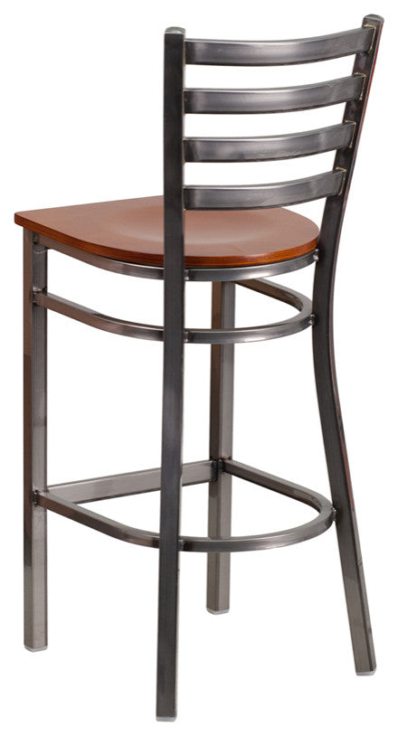Clear Coated Ladder Back Metal Restaurant Barstool, Cherry Wood Seat