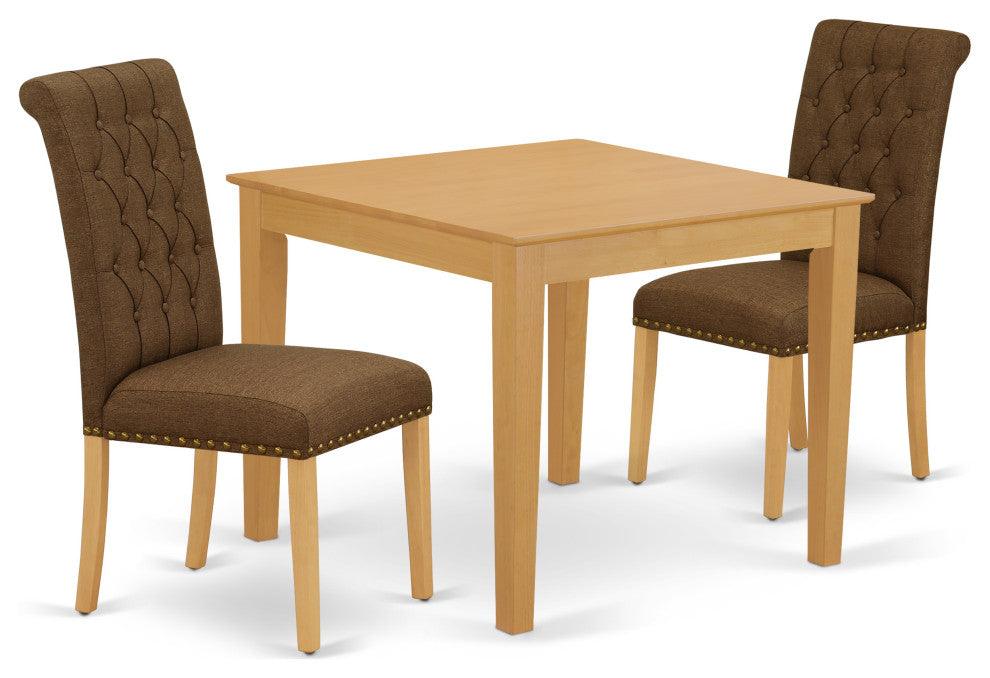 3Pc Dinette Set, Square Table, Two Chairs, Dark Coffee Fabric, Oak Finish