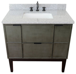 37" Single Vanity, Linen Gray Finish With Gray Granite Top And Rectangle Sink