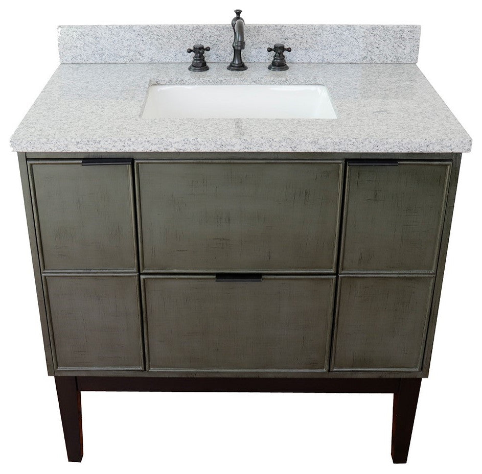 37" Single Vanity, Linen Gray Finish With Gray Granite Top And Rectangle Sink