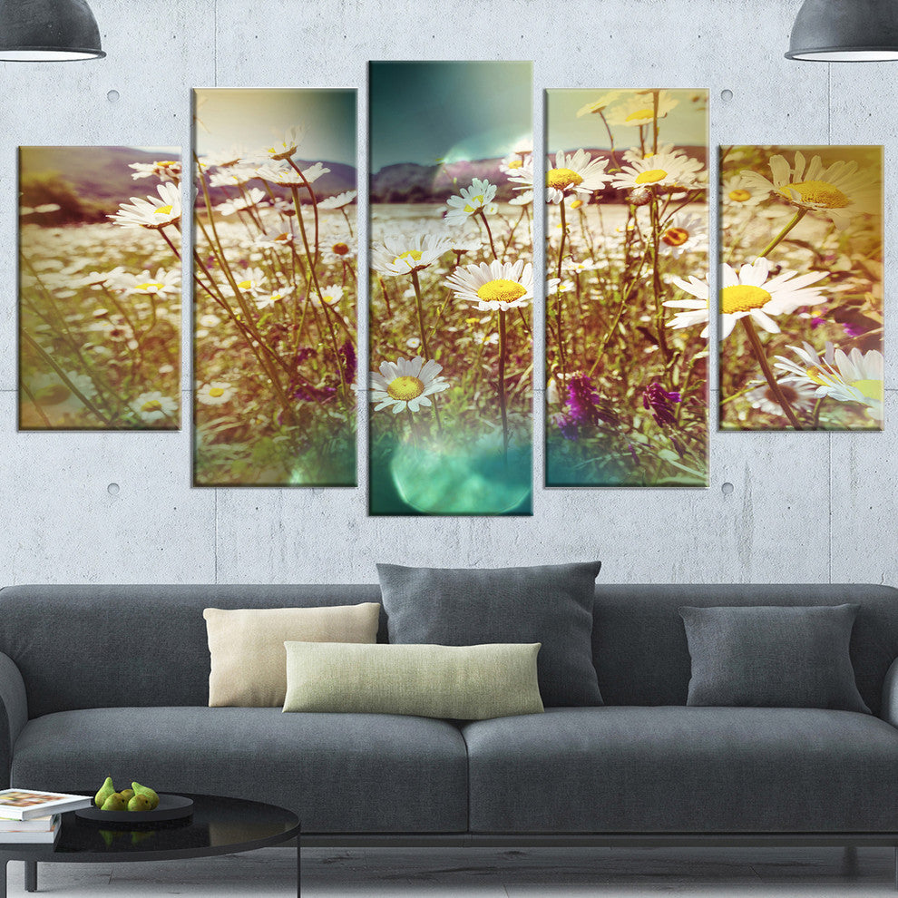 Chamomile Flowers in Summer Garden, Landscape Canvas Print, 60"x32", 5 Panels