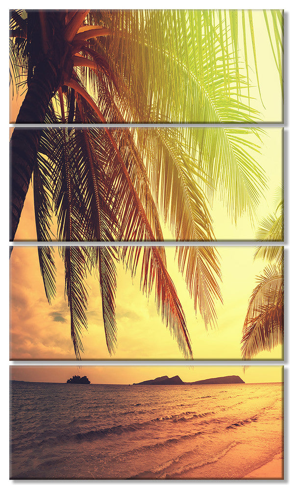 Tropical Beach with Green Palm, Large Seashore Canvas Print, 28"x48", 4 Panels