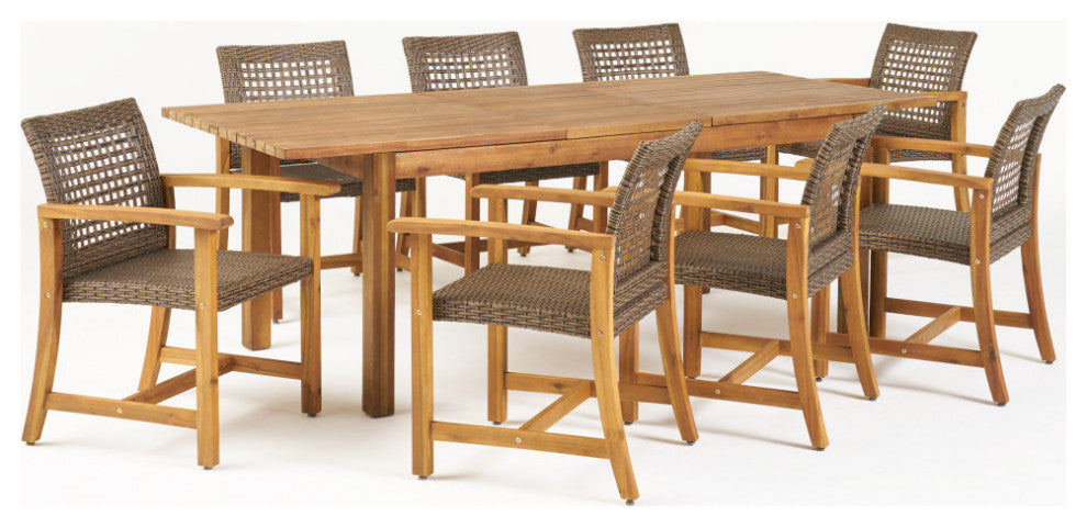 Arno Outdoor 8-Seater Acacia Wood Dining Set With Expandable Table, Teak/Mocha