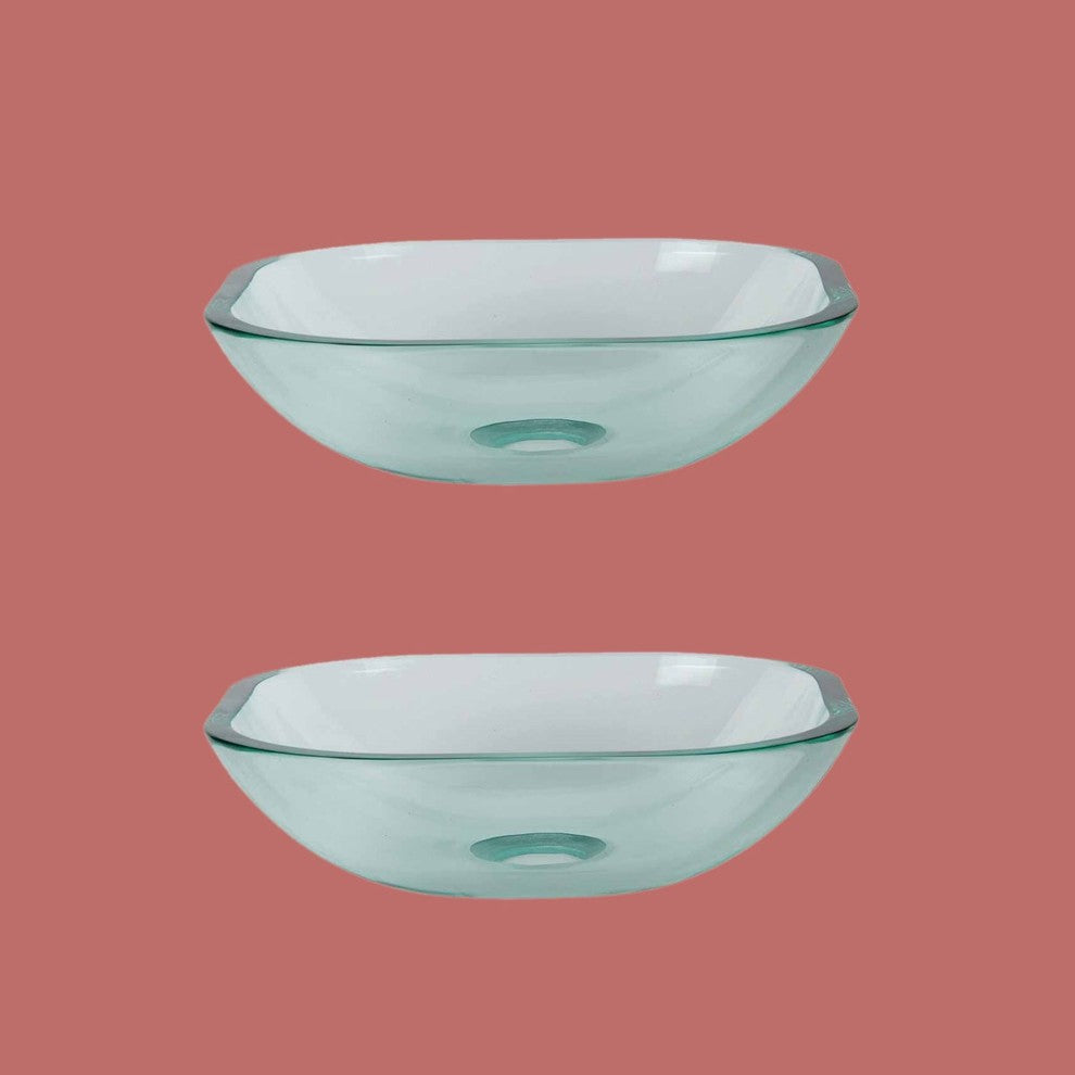 Tempered Glass Vessel Sink with Drain, Clear Square Mini Bowl Sink Pack of 2