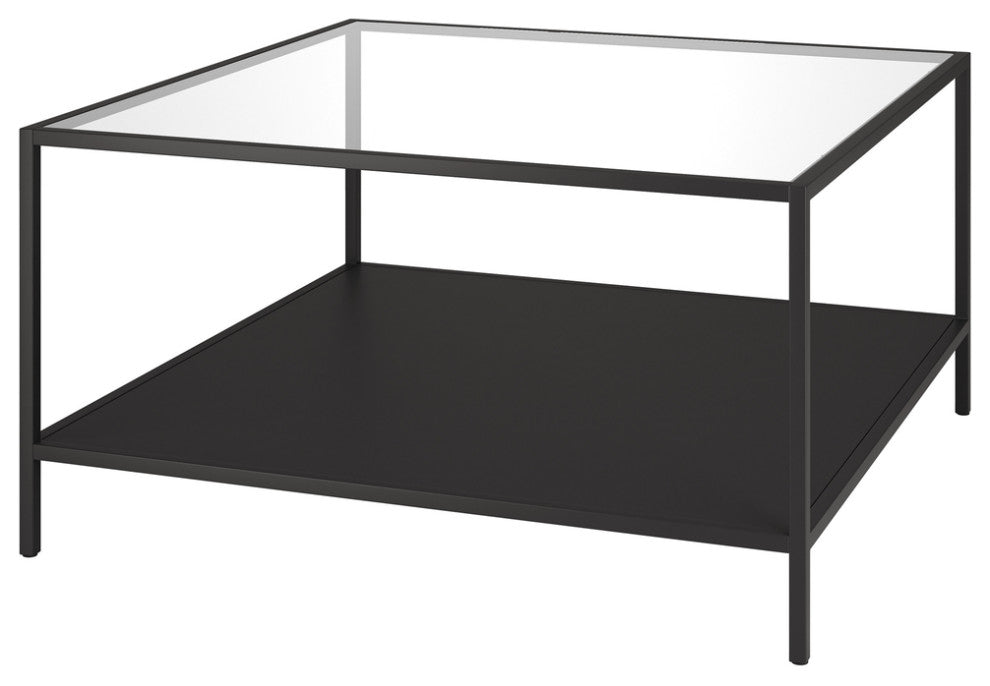 32" Black Glass And Steel Square Coffee Table With Shelf
