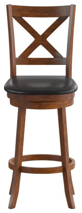Felicity Wood Crossback Swivel Bar Height Barstool with Upholstered Seat, Black Vinyl/Antique Oak Frame