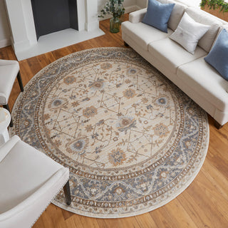 Neoma Traditional Bordered, Tan/Ivory/Gray, 7'9"x7'9" Round Rug