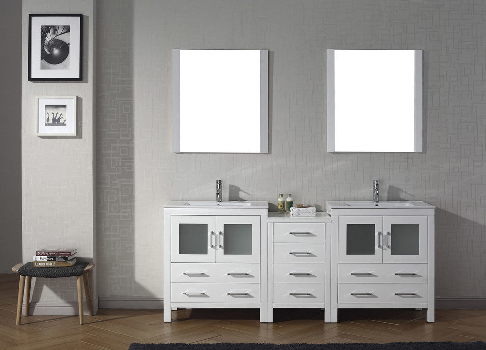 Virtu Dior 78" Double Bathroom Vanity, White, Polished Chrome Faucet, Mirrors