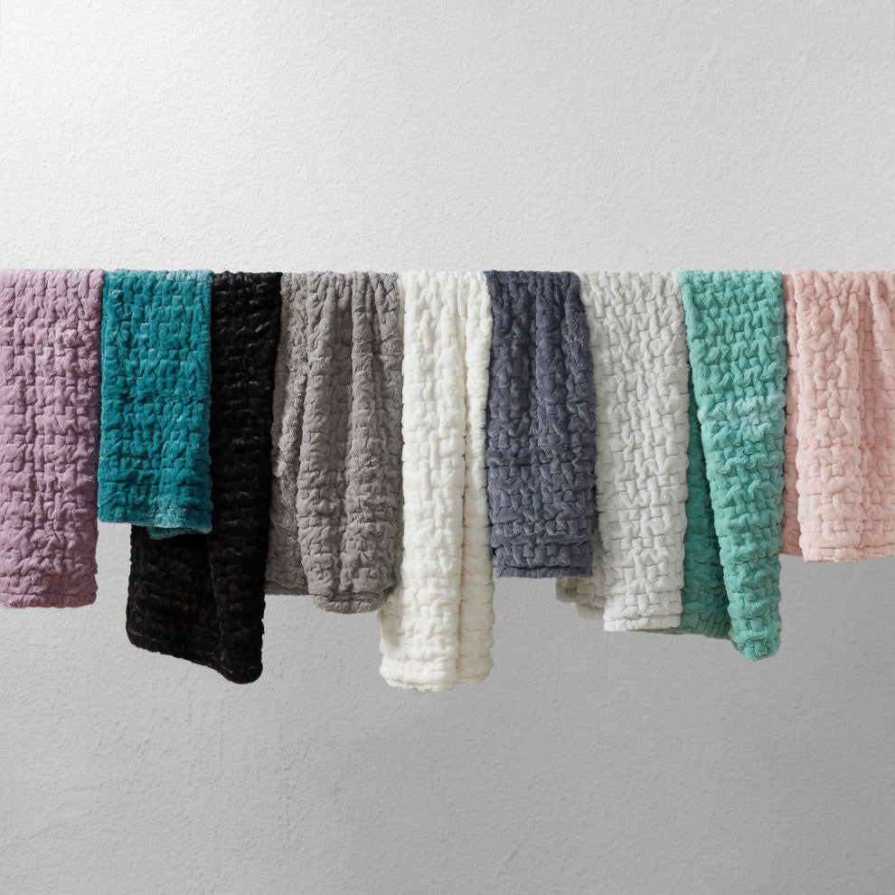 Madison Park Ruched Fur Throw, Teal
