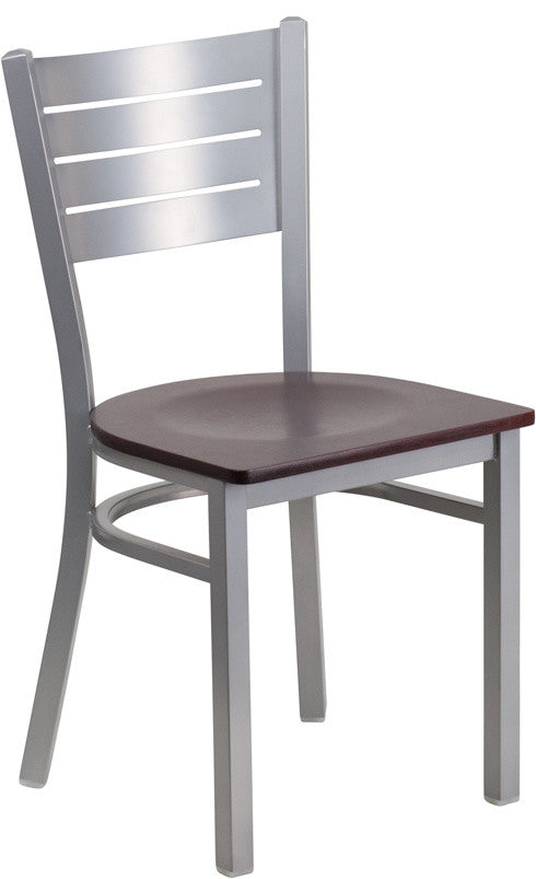 Silver Slat Back Metal Restaurant Chair, Mahogany Wood Seat