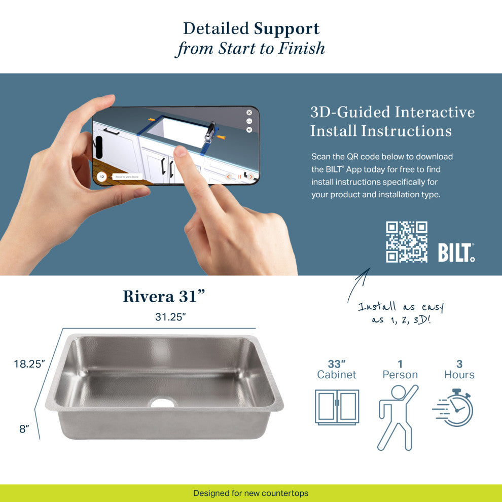 Rivera Stainless Steel 31" Single Bowl Undermount Kitchen Sink, Brushed Stainless Steel