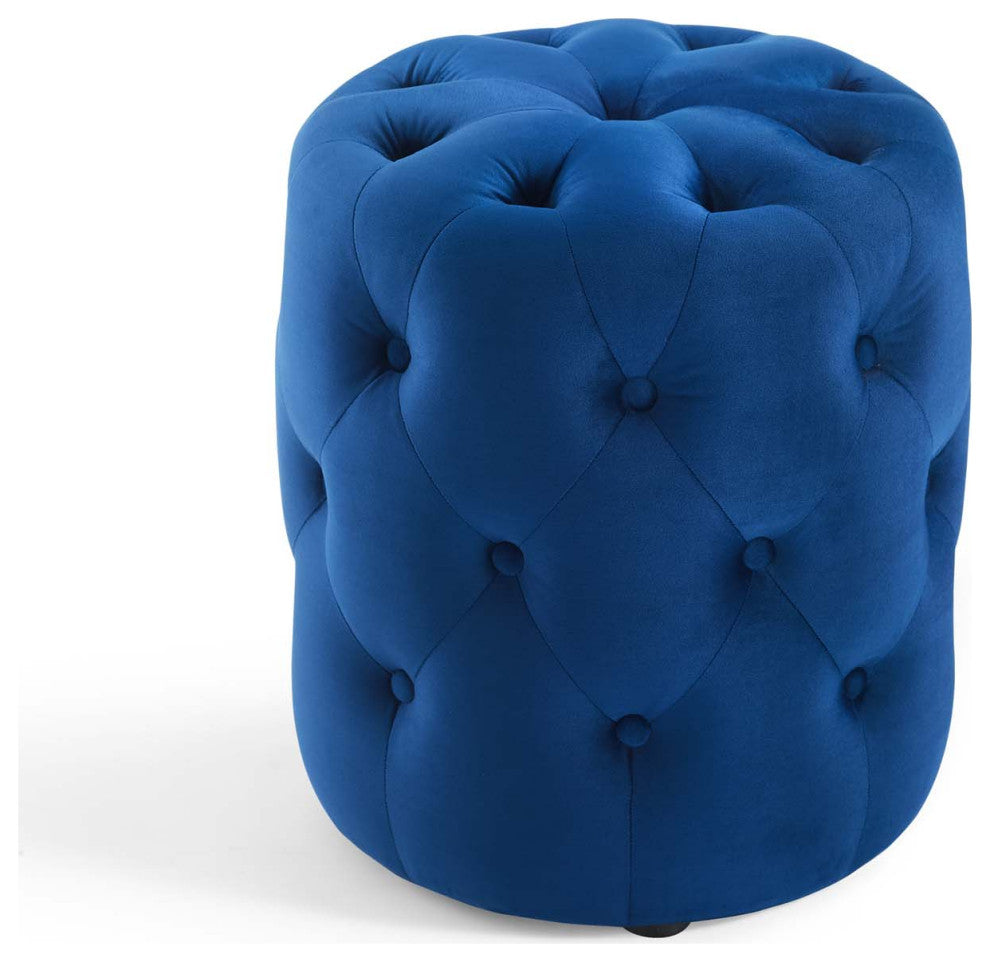 Tufted Accent Chair Ottoman, Round, Velvet, Blue Navy, Modern, Lounge