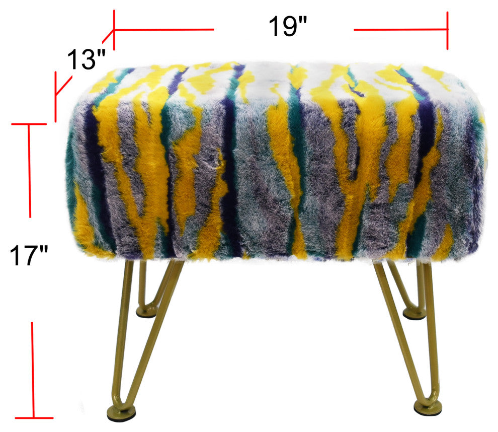 Multi Jacquard Faux Fur Ottoman, Teal, 19"x13"x7"