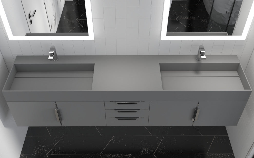 CastelloUSA Amazon 84" Wall Mounted Bathroom Vanity Set, Gray, Gray Top, Chrome Handles