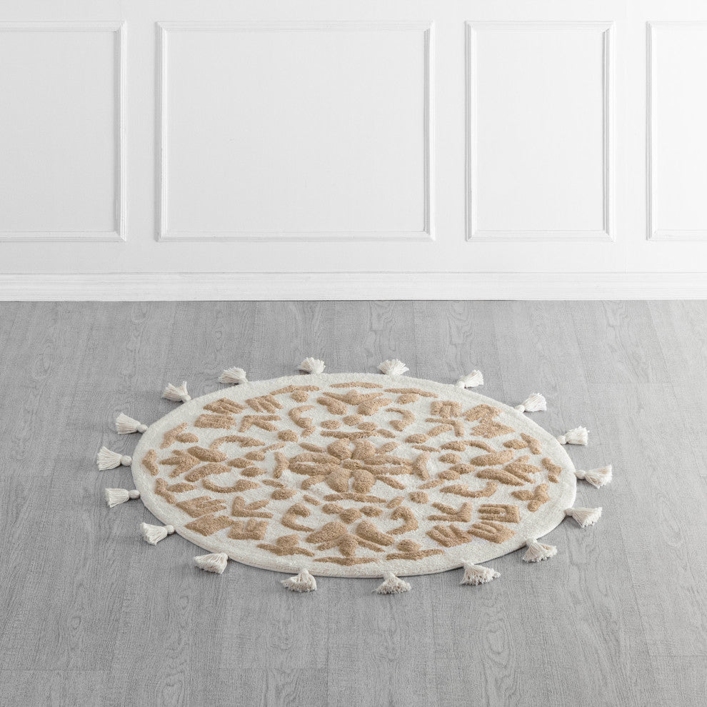 Cambridge Round Tufted Bath Mat With Tassels, Ivory/Beige