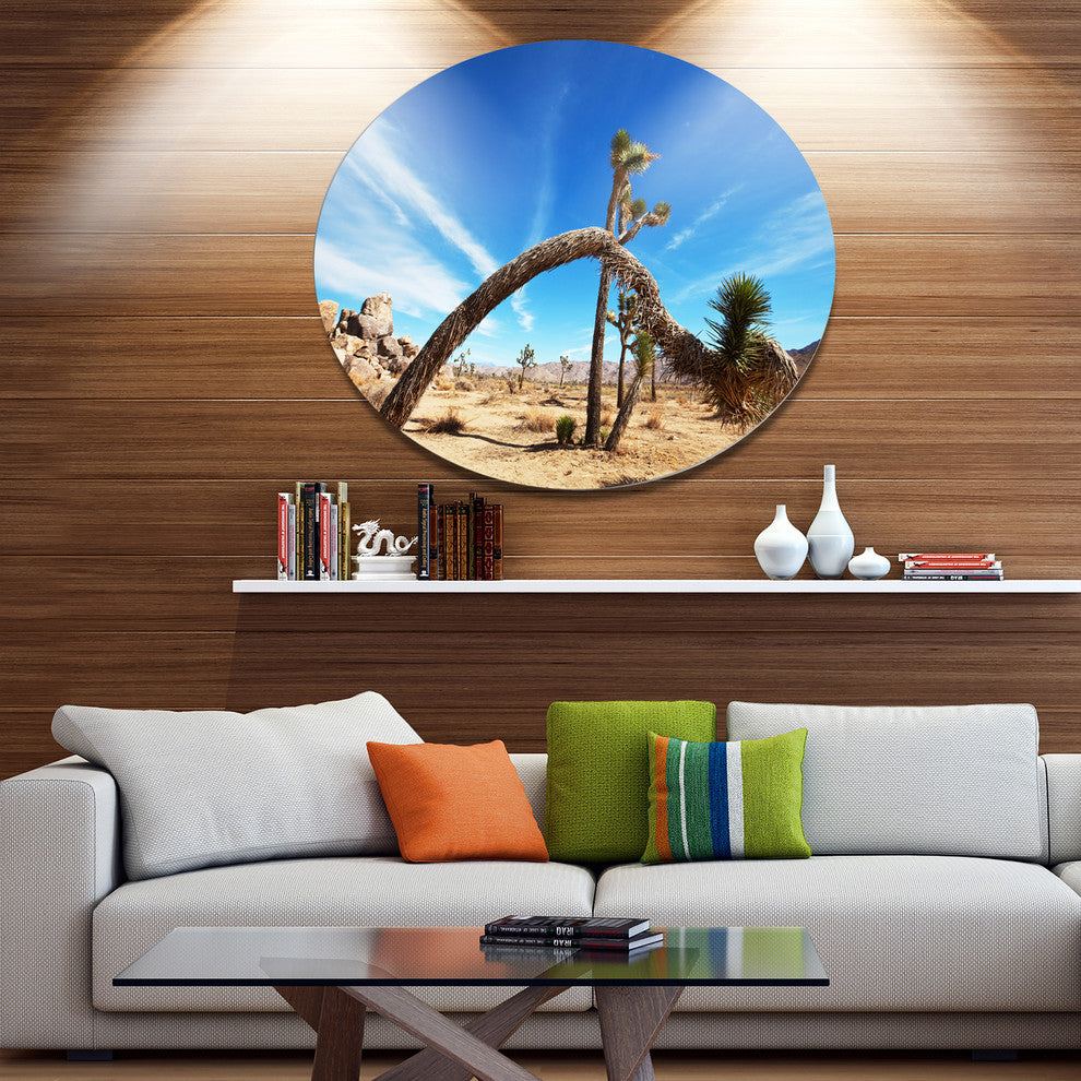 Curved Joshua Tree In Desert, Landscape Large Disc Metal Wall Art, 23"