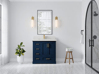 Boston 36 Center Sink Bath Vanity in Navy Blue 2" Carrara Quartz