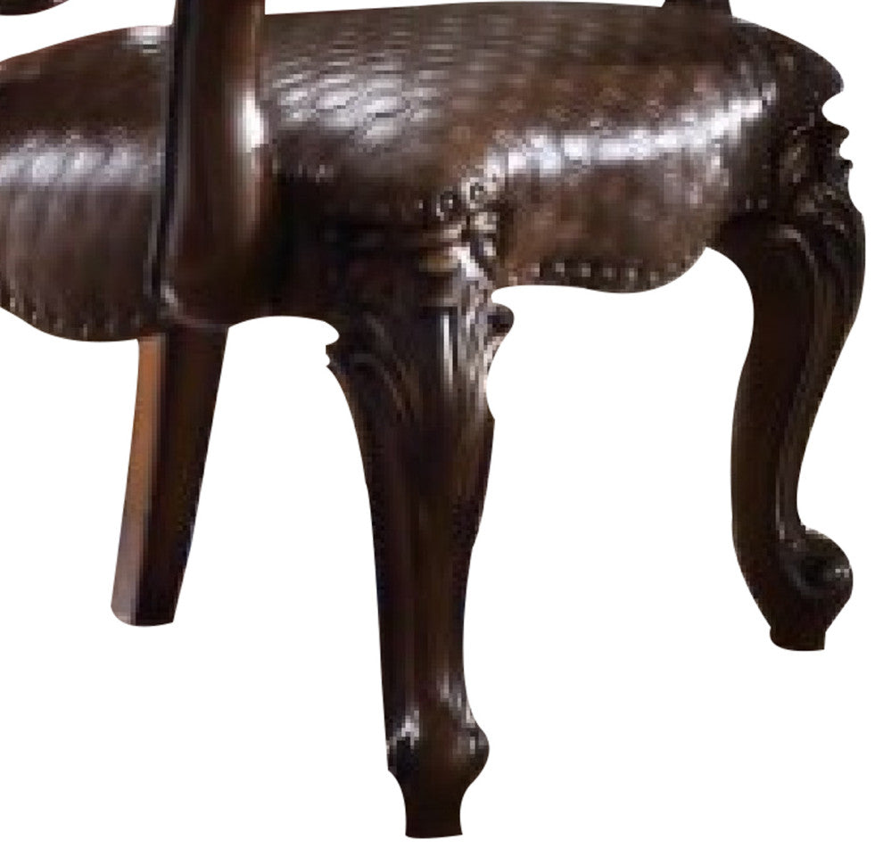 Benzara BM276283 Solid Wood Carved Armchair, Rolled Arms, Vegan Leather, Cherry