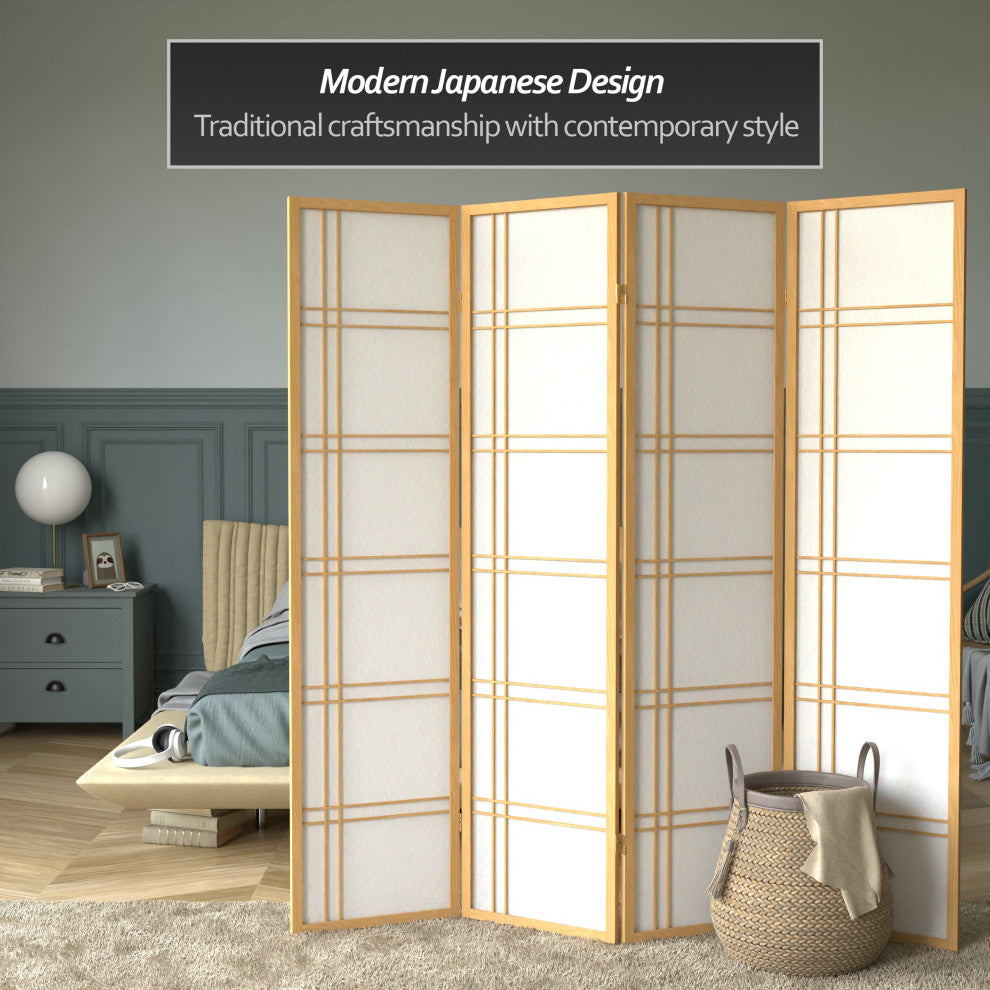 6' Tall Double Cross Shoji Screen, Natural, 4 Panels