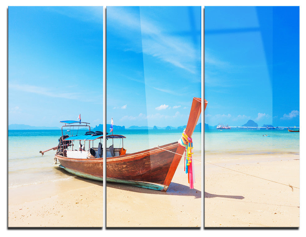 "Tropical Beach With Boat" Photo Metal Wall Art, 3 Panels, 36"x28"