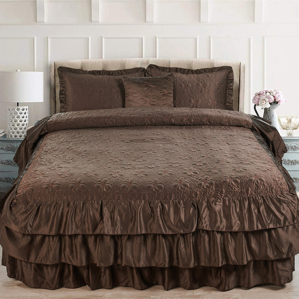 Matte Satin Ruffle 4 Piece Bed Spread Set, Chocolate, Queen