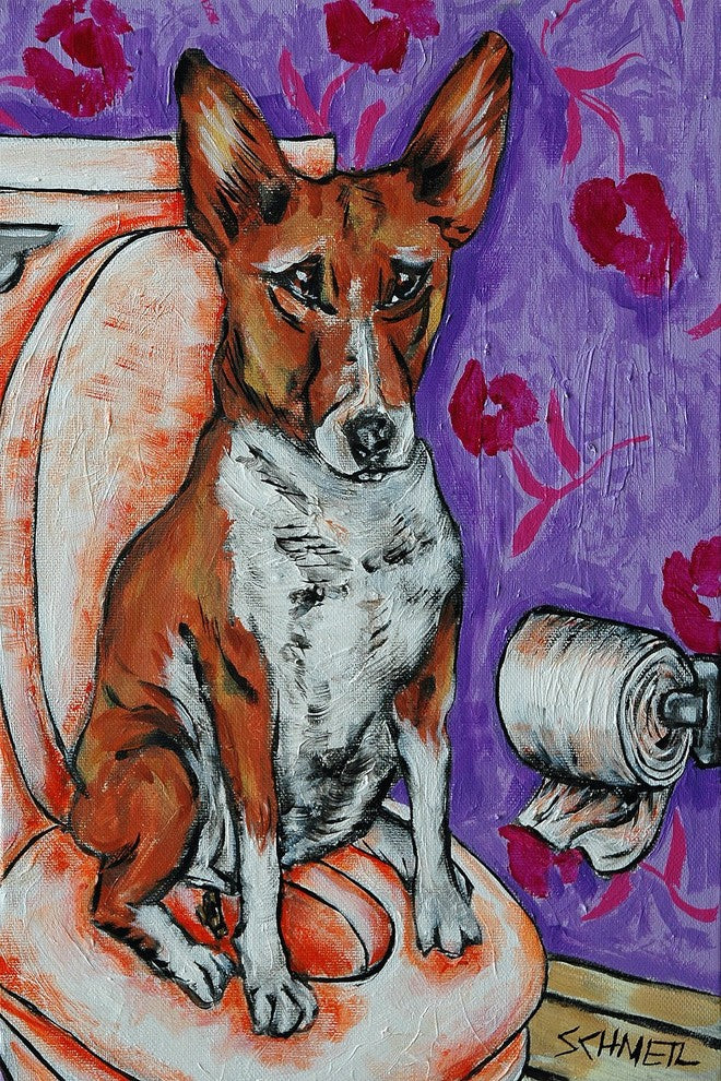 "Basenji Bathroom" Painting Print on Wrapped Canvas, 16"x24"