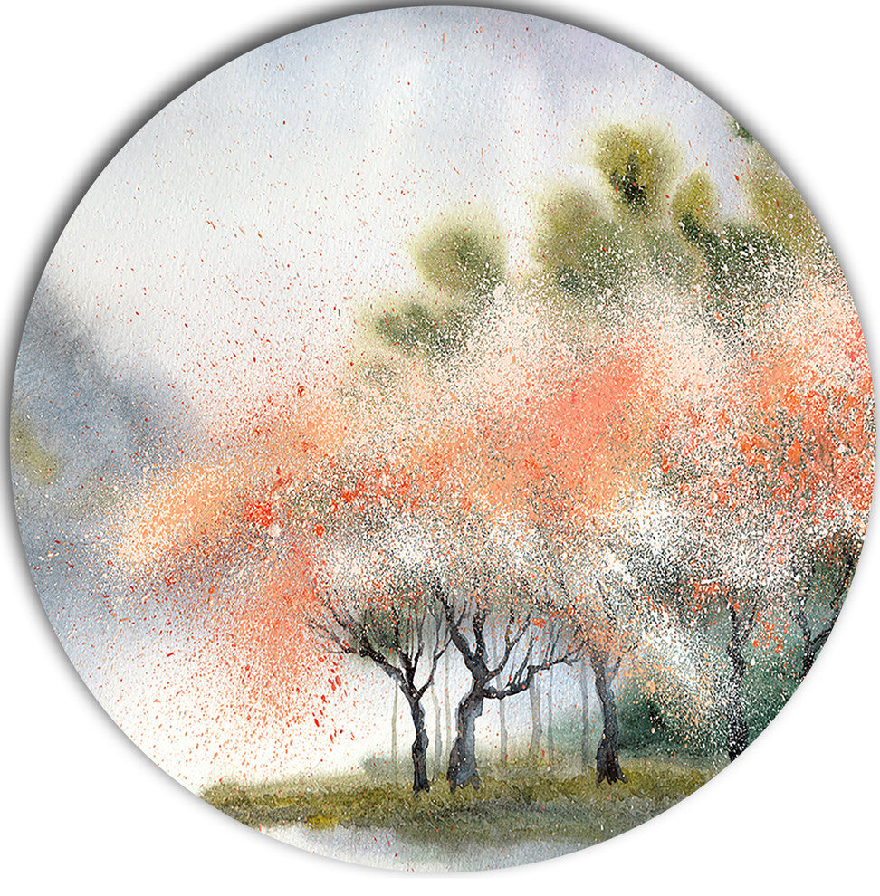 Trees With Flowers Near River, Landscape Disc Metal Wall Art, 11"