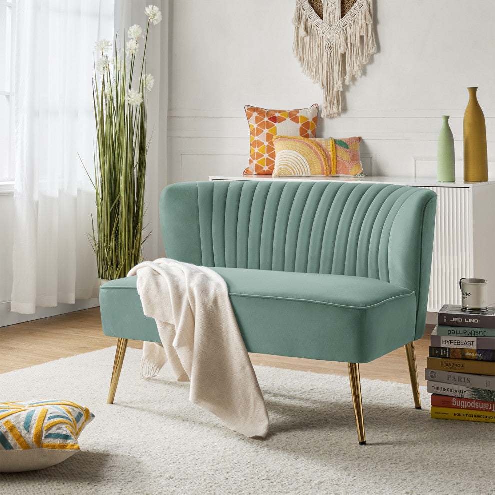Velvet Tufted Loveseat Sofa With Golden Base, Sage
