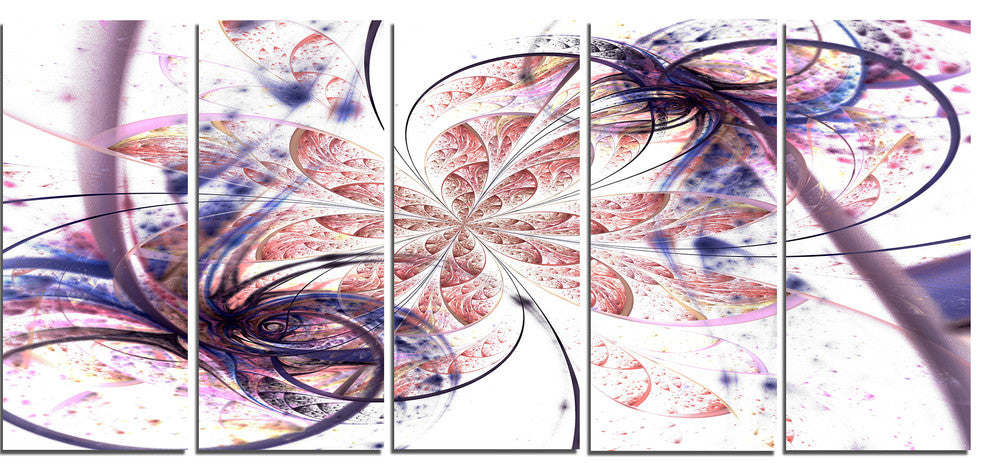 Blue Pink Fractal Flower Pattern, Abstract Wall Art Canvas, 60"x28", 5 Panels
