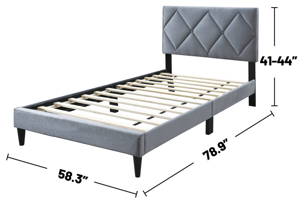 Velvet Adjustable Headboard Full Bed With Tufting Design, Gray
