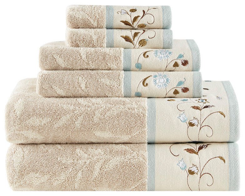 Madison Park Serene Embroidered Cotton Jacquard 6 Piece Towel Set, Blue