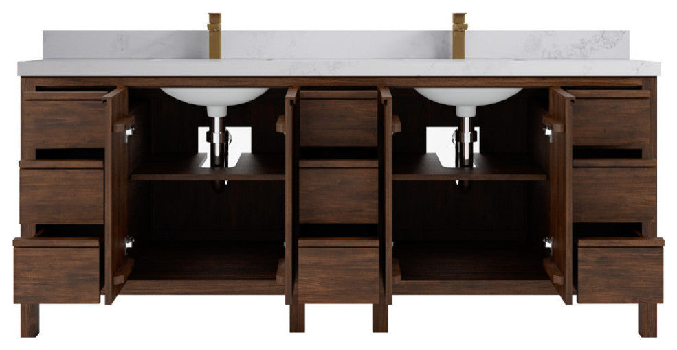 Elizabeth 84 Double Sink Bath Vanity in Dark Walnut Teak 2" Calacatta Nuvo
