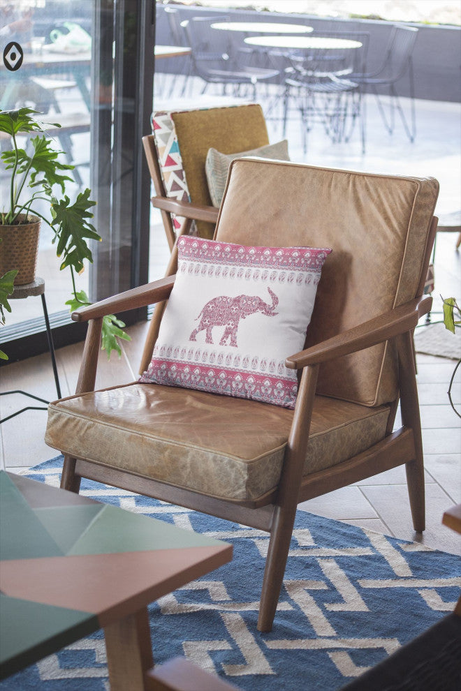 16" Red White Ornate Elephant Zippered Suede Throw Pillow