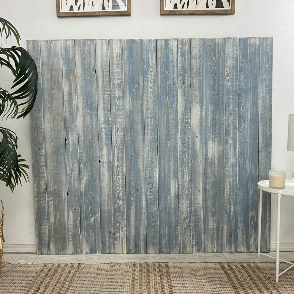 Solid Wood Headboard Modern Farmhouse with Smooth Natural Wood Grain for Any Bed, Blue Powderwash, King